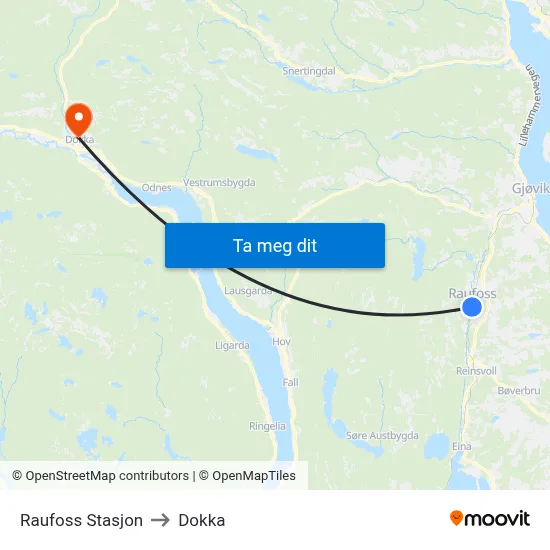 Raufoss Stasjon to Dokka map