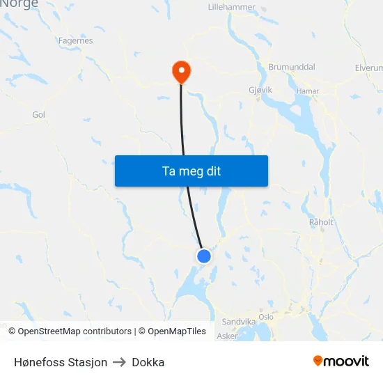 Hønefoss Stasjon to Dokka map