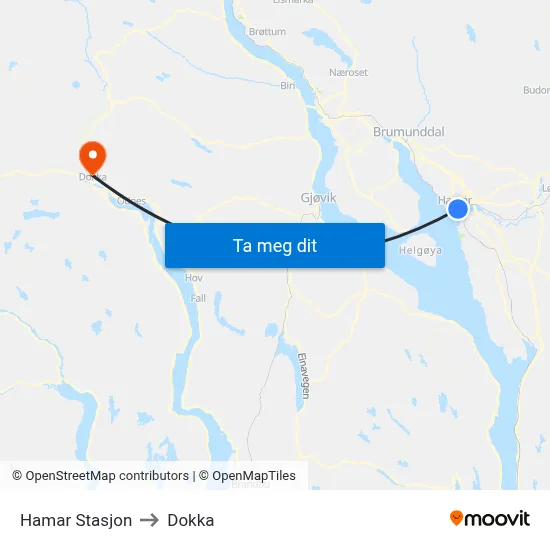 Hamar Stasjon to Dokka map