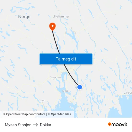 Mysen Stasjon to Dokka map