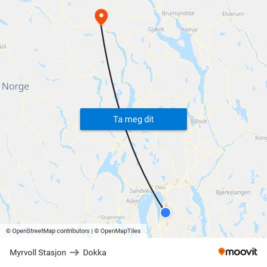 Myrvoll Stasjon to Dokka map