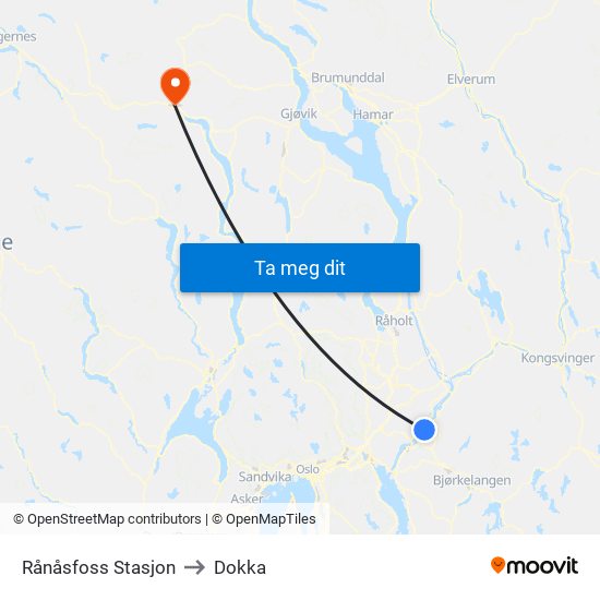 Rånåsfoss Stasjon to Dokka map