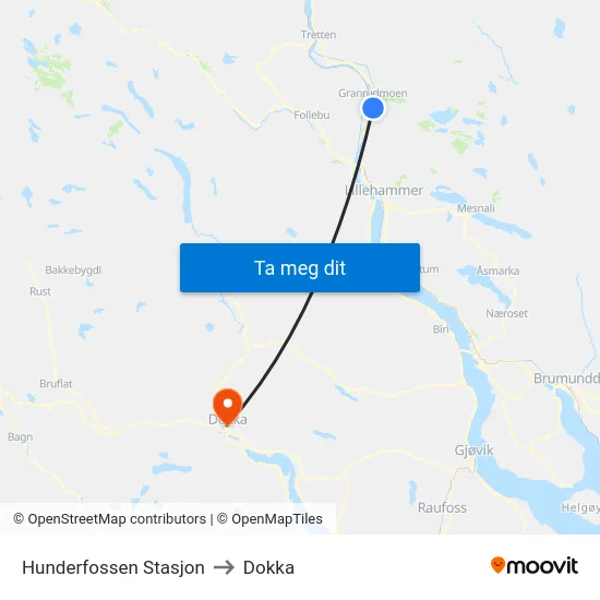 Hunderfossen Stasjon to Dokka map