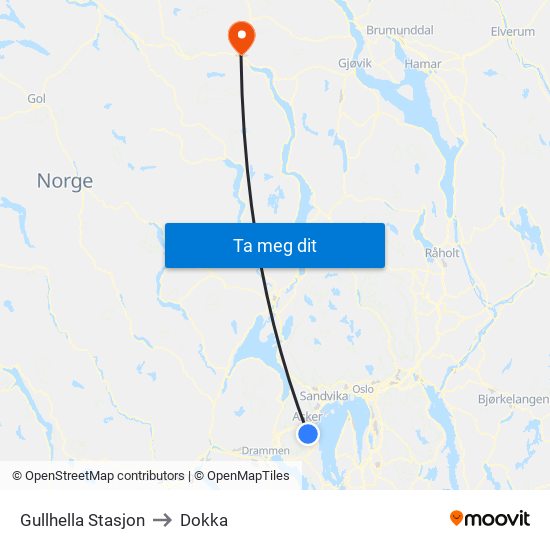 Gullhella Stasjon to Dokka map