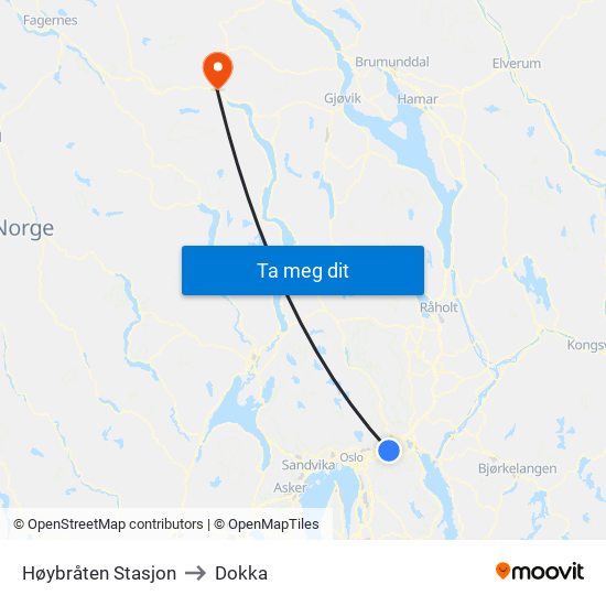 Høybråten Stasjon to Dokka map