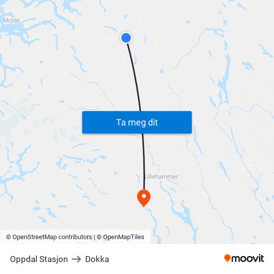 Oppdal Stasjon to Dokka map