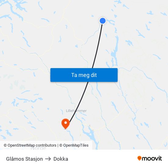 Glåmos Stasjon to Dokka map