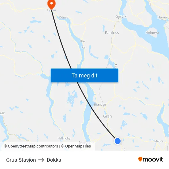 Grua Stasjon to Dokka map
