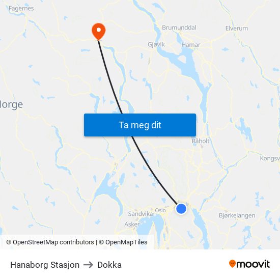 Hanaborg Stasjon to Dokka map