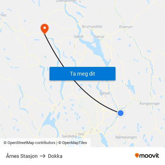 Årnes Stasjon to Dokka map