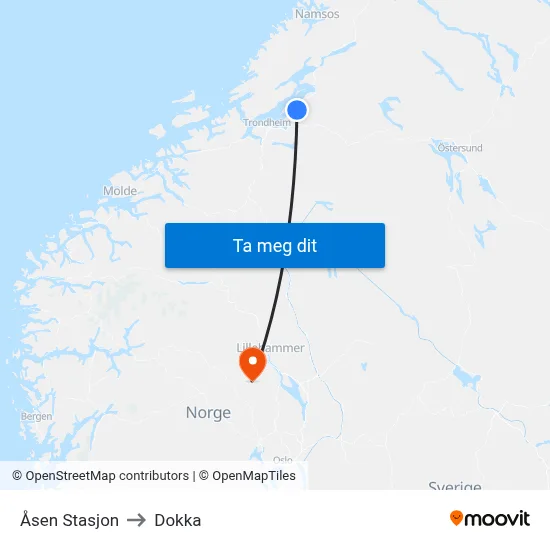 Åsen Stasjon to Dokka map