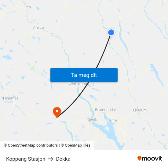 Koppang Stasjon to Dokka map
