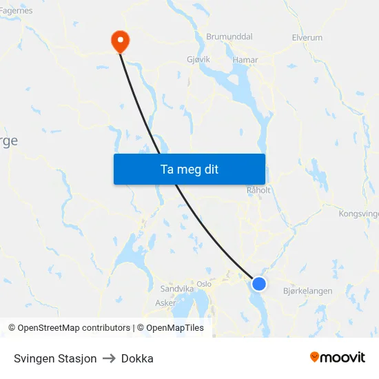 Svingen Stasjon to Dokka map