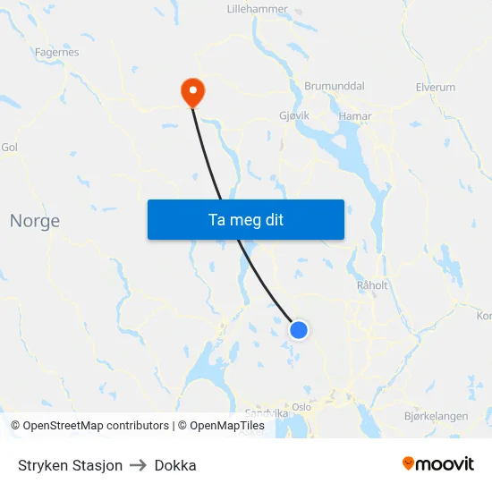 Stryken Stasjon to Dokka map