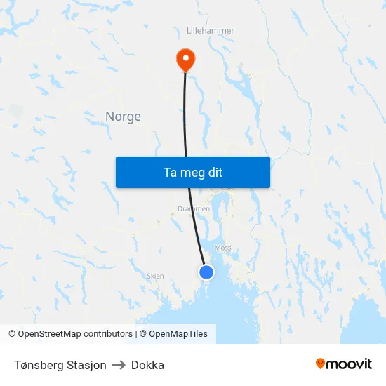 Tønsberg Stasjon to Dokka map