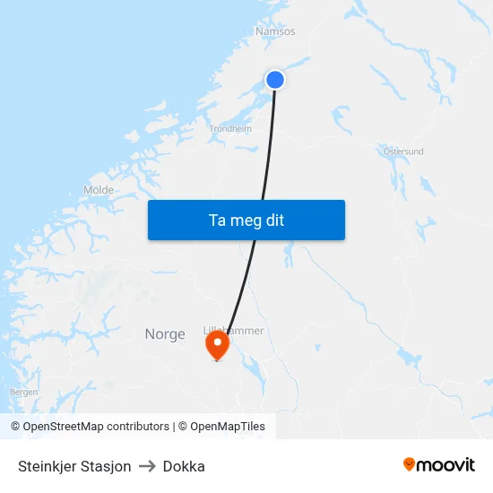 Steinkjer Stasjon to Dokka map
