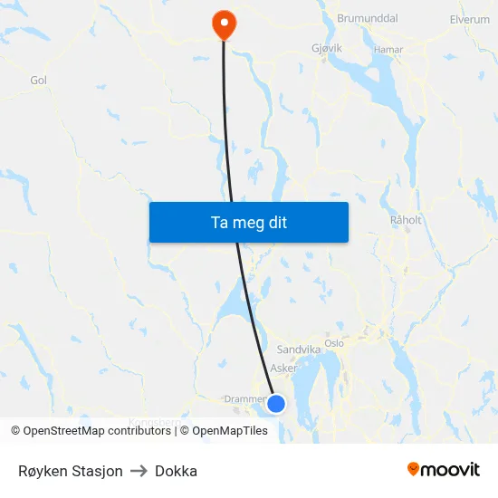 Røyken Stasjon to Dokka map