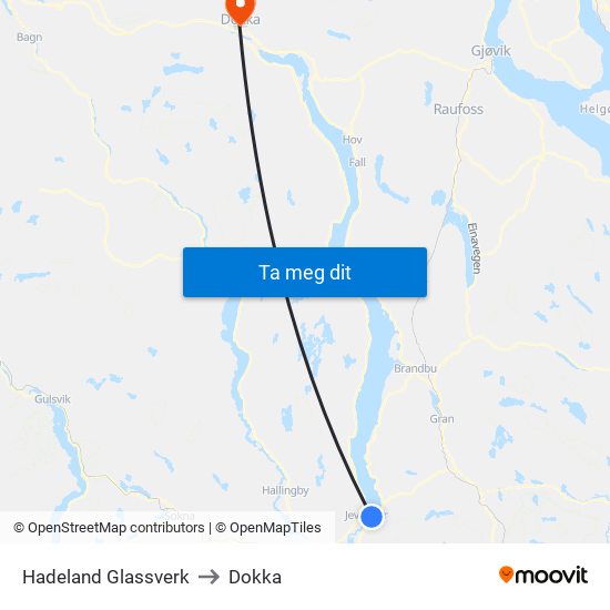 Hadeland Glassverk to Dokka map