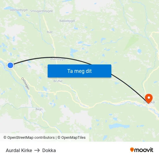 Aurdal Kirke to Dokka map