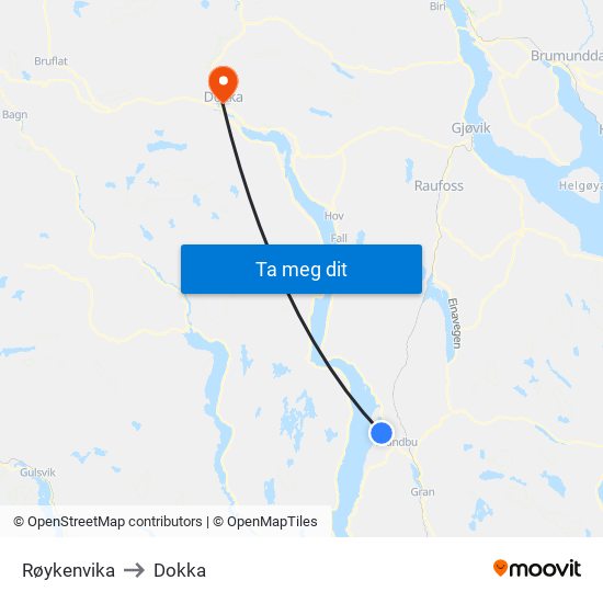 Røykenvika to Dokka map