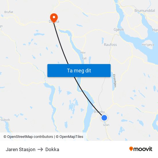 Jaren Stasjon to Dokka map