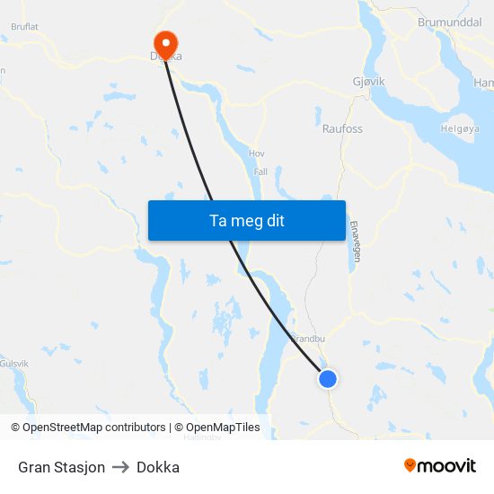 Gran Stasjon to Dokka map