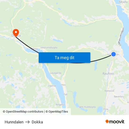Hunndalen to Dokka map