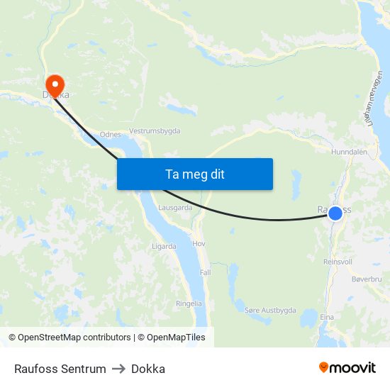 Raufoss Sentrum to Dokka map