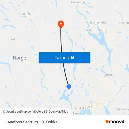 Hønefoss Sentrum to Dokka map