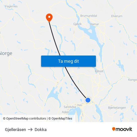 Gjelleråsen to Dokka map
