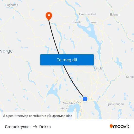 Grorudkrysset to Dokka map