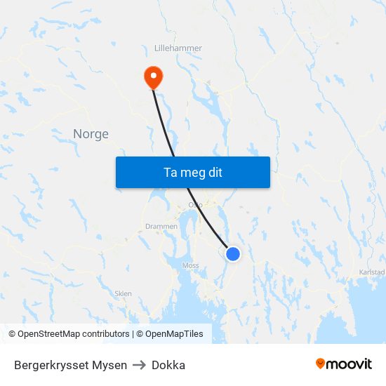 Bergerkrysset Mysen to Dokka map