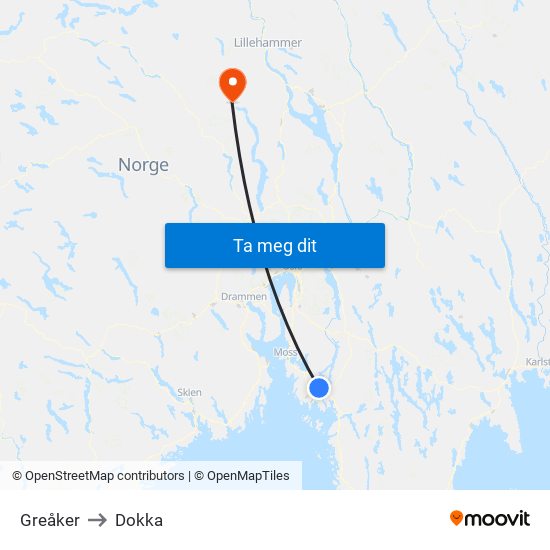 Greåker to Dokka map