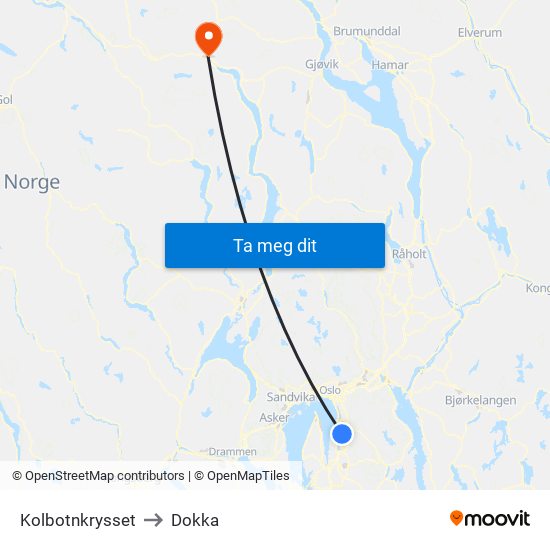 Kolbotnkrysset to Dokka map