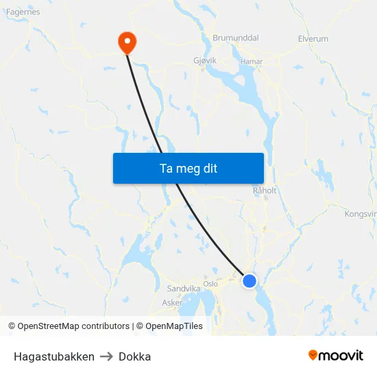 Hagastubakken to Dokka map