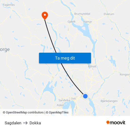 Sagdalen to Dokka map