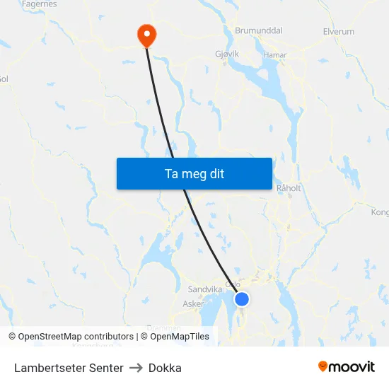 Lambertseter Senter to Dokka map