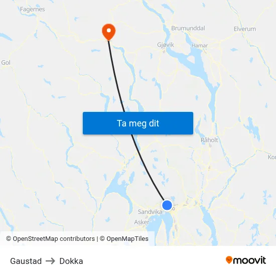 Gaustad to Dokka map