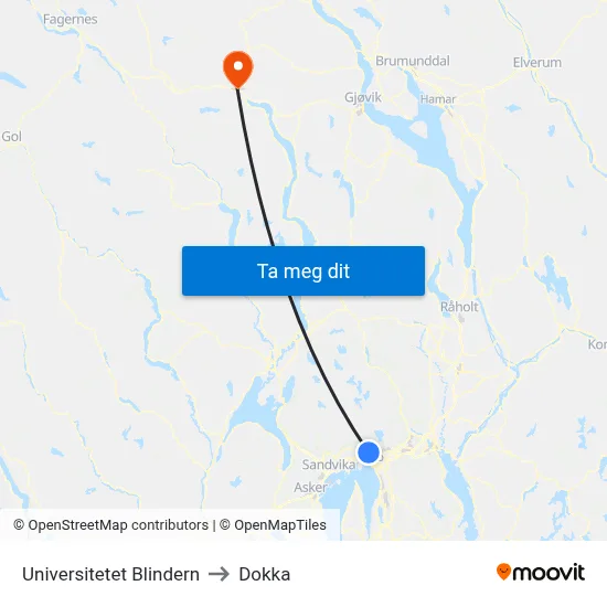 Universitetet Blindern to Dokka map