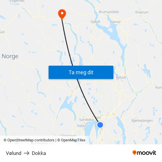 Vølund to Dokka map