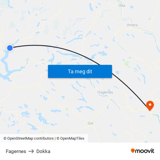 Fagernes to Dokka map