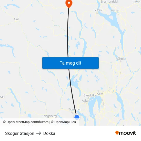 Skoger Stasjon to Dokka map