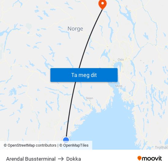 Arendal Bussterminal to Dokka map