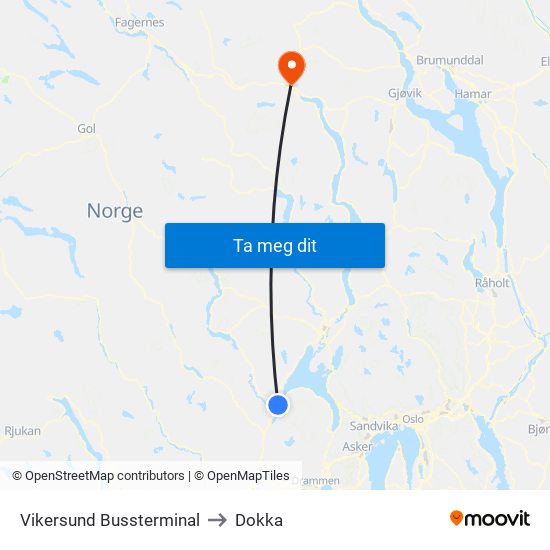 Vikersund Bussterminal to Dokka map