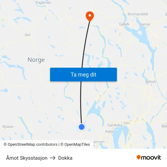 Åmot Skysstasjon to Dokka map