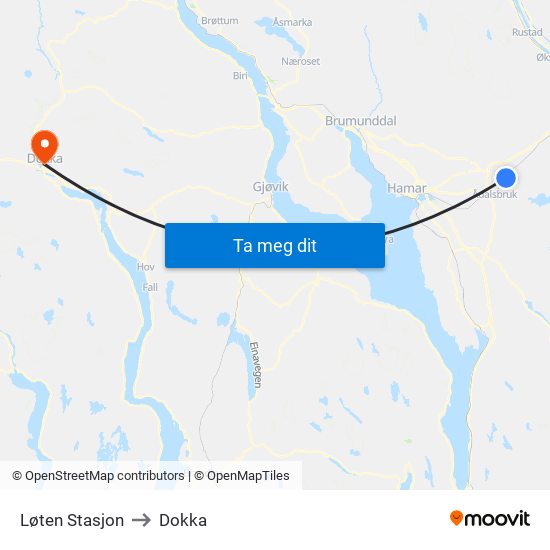 Løten Stasjon to Dokka map