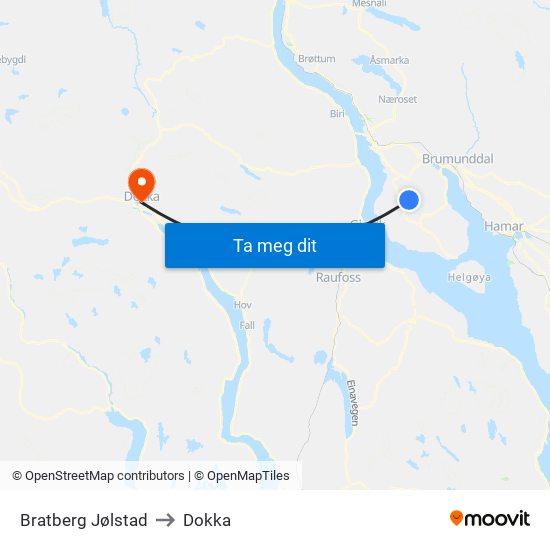 Bratberg Jølstad to Dokka map