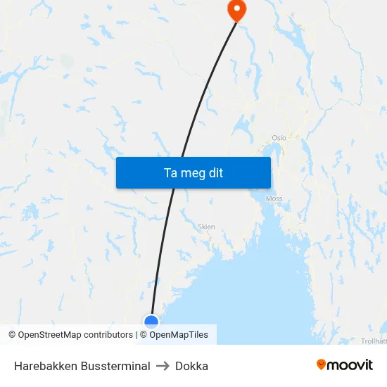 Harebakken Bussterminal to Dokka map