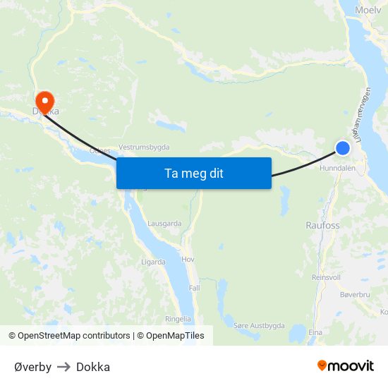 Øverby to Dokka map