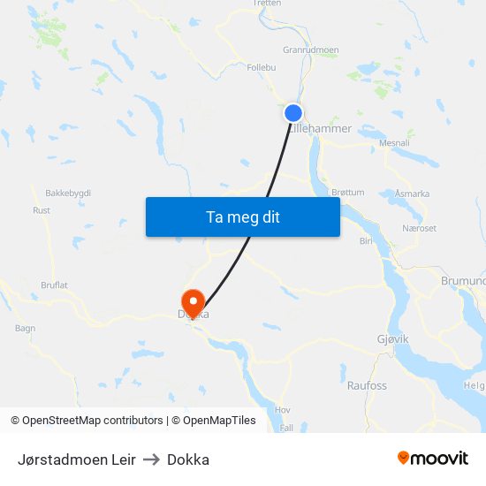 Jørstadmoen Leir to Dokka map